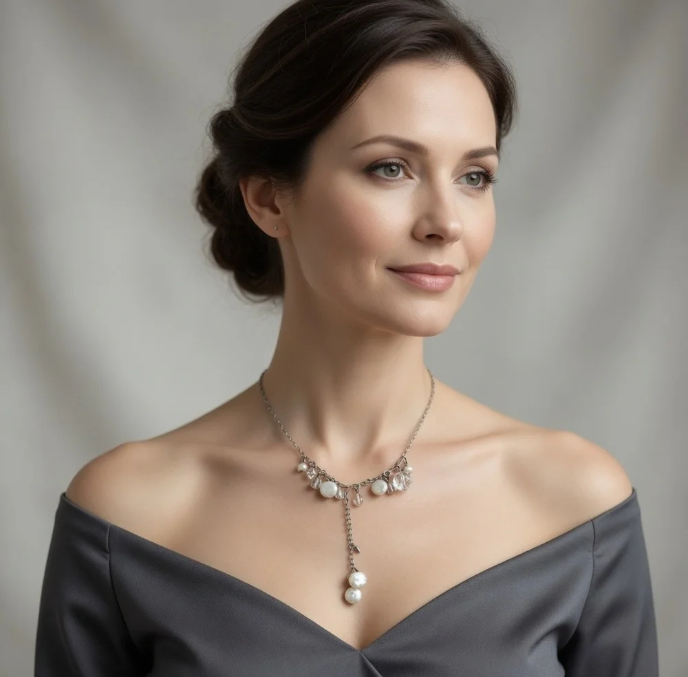 Sterling Silver Tone Pearl Crystal Dangle Cluster Necklace 16-18